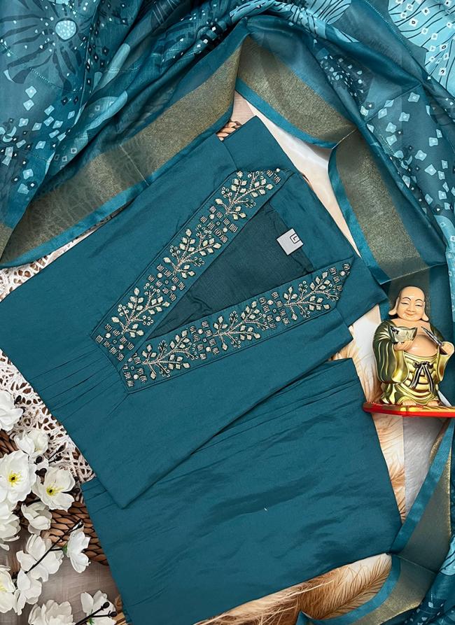 Pure Muslin Teal Festival Wear Hand Work Readymade Straight Suit